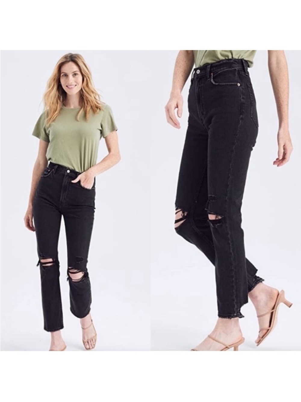 A&F The Ankle Straight Ultra High Rise Black Distressed Jeans, Size 27 (4) EUC